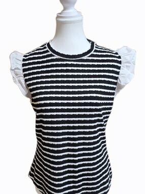 EMELIA Textured Stripe Knit Top Ruffle Sleeve Black White XL Chic